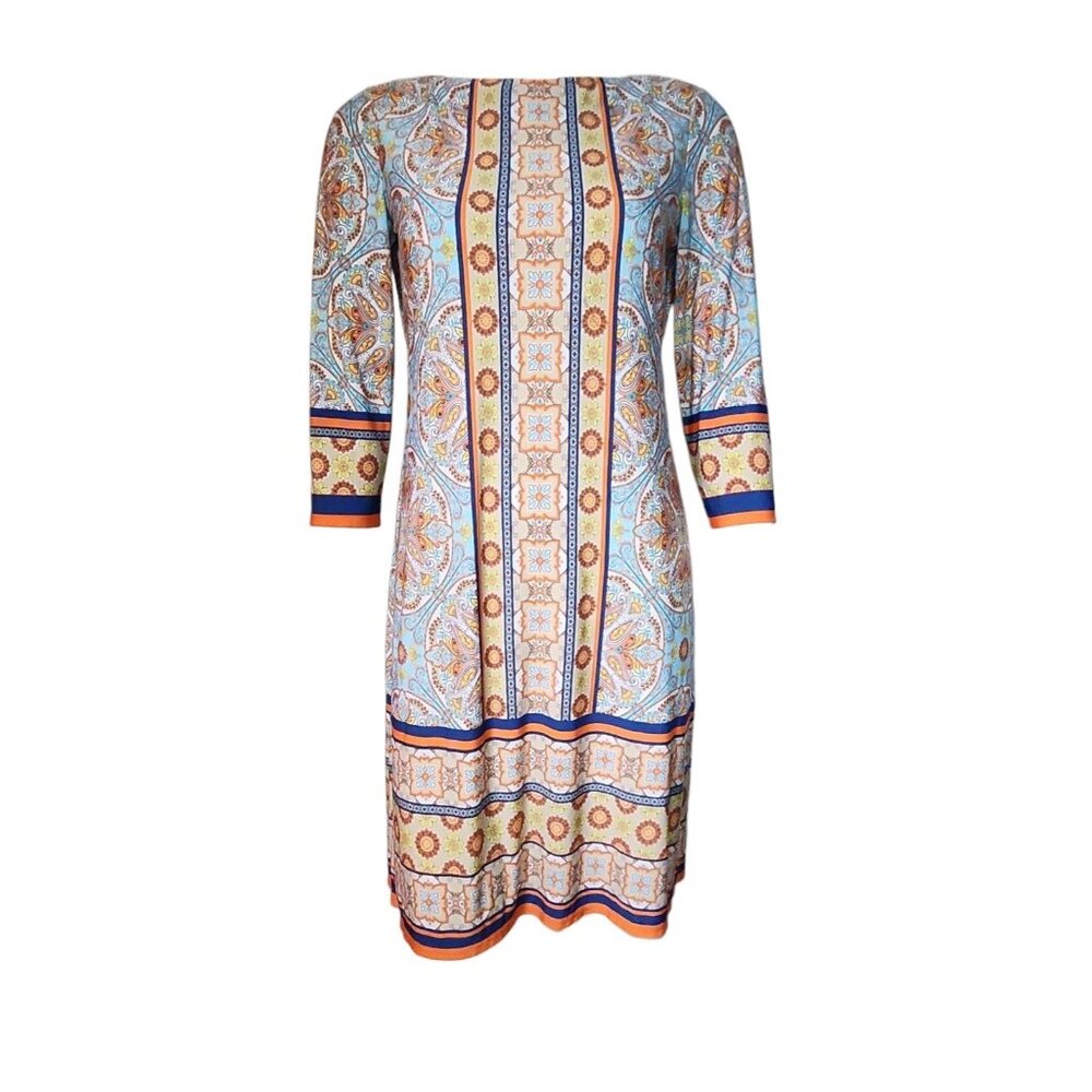 London Times Dress Womens Size 6 Blue Orange‎ Yellow Floral 3/4 Sleeve Pullover